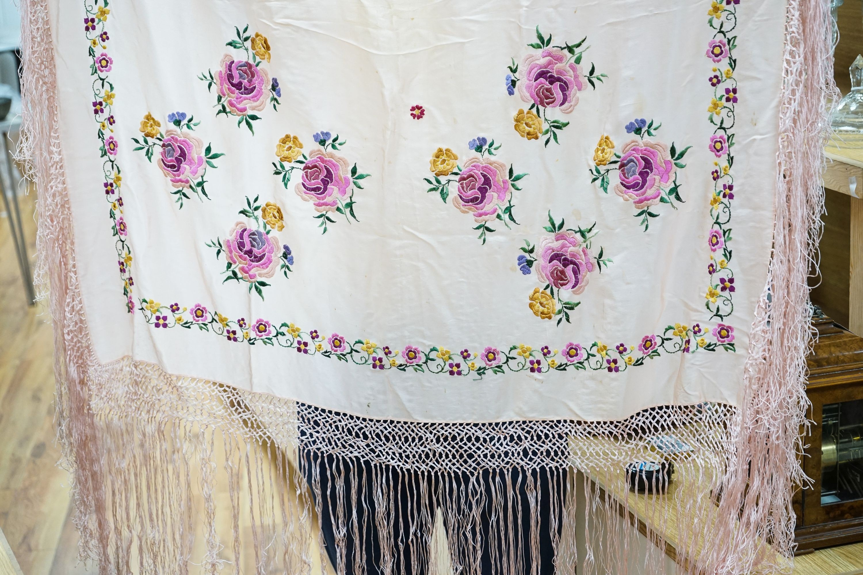 A woven silk ecclesiastical cope vestment and a pink silk shawl (2)